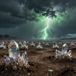 panoramic long shot, concept art, fields of tiberium crystals, storm weather, dead soil, green lightning in the atmosphere, art station,