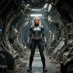 movie frame still from live action adaptation of big spaceship bunker woman hero, directed by steven spielberg, 8 k, vhs glitch, ultra wide angle, high contrast, zenith view, greg rutkowski, intrincate, highly detailed, ilm, oscar winning photography, dramatic lighting, greg nicotero, beautiful image