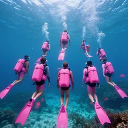 an upshot photo of 9 pink divers looking towards the ocean floor, 3 d, cinematic rendering, trending artstation, 8 k, octane render, beeple style