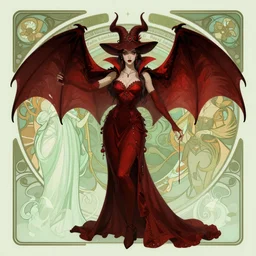 beautiful vampire witch, puppet master, bat wings, full body shot, dark red, light green, Dan Mumford, Peter Mohrbacher, Alfons Mucha, antasy character, detailed illustration, hd, 4k, digital art, overdetailed art, concept art, trending on artstation