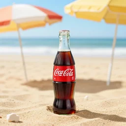 coca cola bottle on a beach with an umbrella