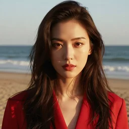 woman with long dark brown hair wearing red clothing standing by the beach, beautiful, 8k, highly detailed, realistic, artgerm, sakimichan, rutkowski, trending on artstation, perfect face, portrait, high contrast, golden light, dramatic lighting,