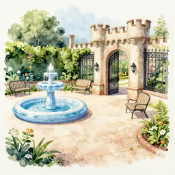 courtyard walkway, inflatabel fountain, castle, stairway, chairs, wrought iron, gate, botanic garden, botanical herbarium paper, watercolor colored painting, iridescent colors, realistic shaded, fine, artstation, italian style, colonnade ornate headdress, craving, carved, insanely detailed