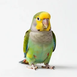 petite zookeeper with parrot, photorealistic portrait photography, full body, standing, isolated on a pure white background, centered, whole figure in frame, sharp focus, studio lighting