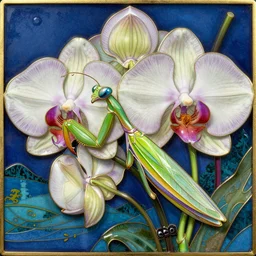 majestic colorful orchid mantis enamel jewels by leon bakst and yoshitaka amano, cloisonne, jeweled, opulent, iridescent, black opals, beautiful hyperdetailed art nouveau orchids, james jean, amanda sage
