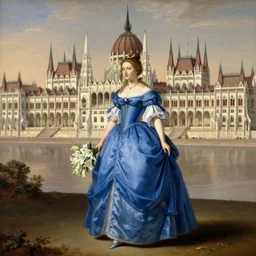 a princess, dressed in blue dress, with a bouquet of lily, is walking, the background is the hungarian parliament, painting by Rubens