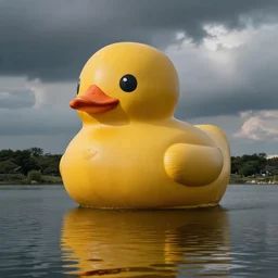 gigantic rubber duck in a lake, photograph