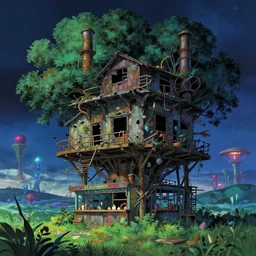 a beautiful detailed anime illustration of architecture unfinished building building urbex industrial architecture nature treehouse abandoned by camille pissarro, tundra studio ghibli nightsky uv light futuristic synthwave alien wilderness meadow universe scumm bar, archdaily, wallpaper, highly detailed, trending on artstation.