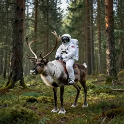american astronaut in the forest riding a reindeer, objects well lit, plants environment, wide angle, cinematic lighting, atmospheric, realistic, octane render, highly detailed, color graded, in the style of craig mullins