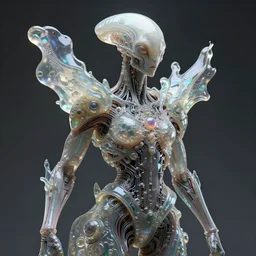 symbiogenesis alien hybrid humanoid androgyne biomorphic, optical mineralogy, recursive features, concept art, sculpted iridescent glass, translucidluminescence, intricate detail, kim jung gi, james jean, circuitry, organic detail, cinematic, epic wide shot, ultra detailed, sharp focus, smooth,, photorealistic, 8 k render