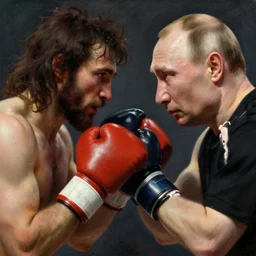 jesus christ boxing vs vladimir putin, fist fight, detailed faces, putin face, in battle by anders zorn, wonderful, masterpiece by greg rutkowski, beautiful cinematic light, by greg manchess, jessica rossier