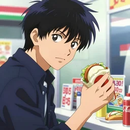 ryosuke takahashi with black hair wearing a dark blue shirt getting food at a drive - thru, initial d anime, initial d anime 1 0 8 0 p, detailed anime face, 1 9 9 8's anime, artstation, high detail