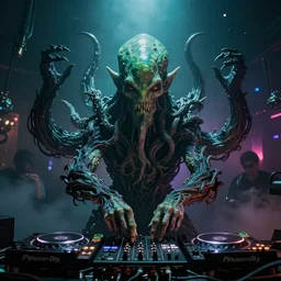 photo of eldritch horror Cthulhu as the DJ at a rave party