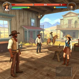 screenshot of gameplay dating simulator game set in 1 8 5 1, interior of old west saloon, featuring african american and japanese cowboys and cowgirls in ghost town with buildings painted bright pastel colors, morning light with mountains in the background