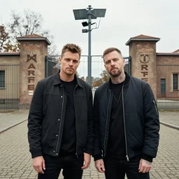 martin garrix meets avicii in front of auschwitz arbreit macht frei concentration field gate