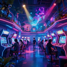 interior shot, ready player one,  nightclub hangout spot, scifi futuristic arcade , robots  , people  , neon lights, james gurney, katsuhiro otomo, james paick, cinematic lighting, artstation, vibrant nature, anime style, Craig Mullins, Greg Rutkowski, Pete Morbacher, Tuomas Korpi, tekkon kinreet, volumetric light, artstation, , octane render, redshift render, low angle camera