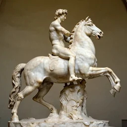 a detailed marble sculpture of a riderless horse, galloping rearing dramatically, by michelangelo