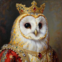 the royal king's barn owl head by greg hildebrant lisa frank fancy rococo baroque regal oil painting high quality award winning clothed in fancy garb