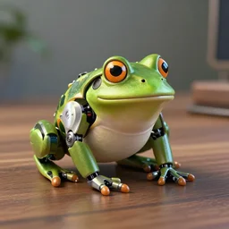 a robot frog on a table, octane render, 3D, extremely detailed, accurate