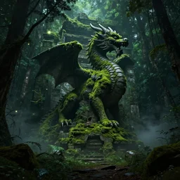 epic temple ruin with a statue of a dragon overgrown with moss in a dark lush green forest, dark night, glowing particles, volumetric fog, by greg rutkowski, WLOP, trending on ArtStation, CGSociety, concept art, cgsociety, octane render, trending on artstation, artstationHD, artstationHQ, unreal engine, 8k