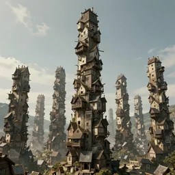an infinite amount of medieval houses stacked on each other, creating a thin monolith, concept art, very very very very tall, trending on deviantart, movie still, award wining photograph
