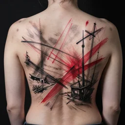 photorealistic trash polka tattoo in back mixed with kandinsky style, fine drawing red and black thin strokes