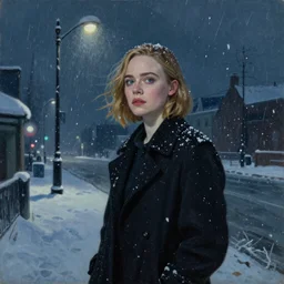 Elle Fanning lost in the Bermuda Triangle in the world of Edward Hopper, stormy snowy weather, streetlights, extremely detailed masterpiece, oil on canvas, low-key neon lighting, artstation, Blade Runner 2049, Roger Deakin’s cinematography, by J. C. Leyendecker and Peter Paul Rubens,