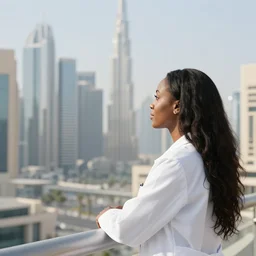 one black woman with long hair in a white lab coat gazing at the dubai skyline