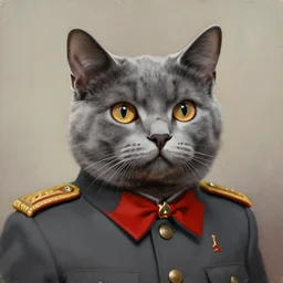 Portrait painting of an anthropomorphic gray cat wearing as a 1950's Soviet leader, trending on artstation, by Sergey Kolesov