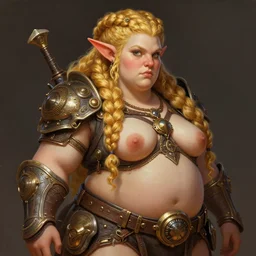 chubby female dwarven woman in a dieselpunk style | neat elaborated long curly braided golden hair | big nose | beautiful plump body | intricate, highly detailed, digital painting, artstation, concept art, dungeons and dragons , art by jeff easley and ralph horsley