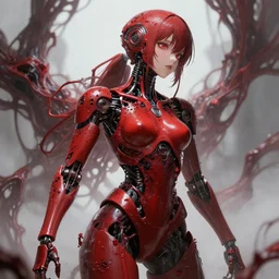 detailed, sharp, dreaming humanoid female automata red consumed by alien flesh by Anna Dittmannand, digital art. surreal. trending on art station. anime arts. featured on Pixiv, HD, 8K, highly detailed, good lighting, beautiful, epic, horror