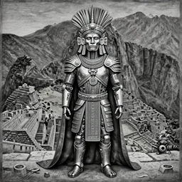 shamanpunk encaustic silverpoint immense regal portrait Simon Pegg wearing nanotech cuirass as Xochipilli interior of Machu Picchu Citadel shamanic god standing around ruan jia greg rutkowski