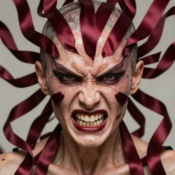 chaotic burgundy satin ribbons instead of skin build image of strange dangerous mad and angry mystic face, moebius, bao pham, donato giancola, larry elmore, masterpiece, trending on artstation, featured on pixiv, cinematic composition, beautiful lighting, sharp, details, hyper - detailed, hdr, 4 k, 8 k