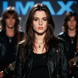 promotional image of a young carrie fisher in a heavy metal band in a movie from 1978, rugged black clothes, detailed face, movie still frame, promotional image, imax 70 mm footage