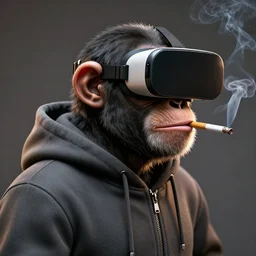 a portrait of a chimpanzee wearing a hoodie, and wearing vr googles, smoking a cigarette, hyper realistic, rear lighting, rendered wtih zbrush, ultra - hd, 2 2 megapixels, shot with 7 0 mm dslr camera