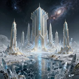 artdeco futuristic hyperdimensional elven city, galactic, desolate, ice shards, river:: by beeple and James Gilleard and Justin Gerard :: ornate, dynamic, particulate, intricate, elegant, highly detailed, centered, artstation, smooth, sharp focus, octane render, nvidia raytracing demo