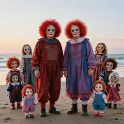 a colorful full body portrait of grandparents wearing wearing weird costumes in a beach, sunrise, with many diabolical dolls, the creepiest kids toys ever made, cursed dolls, with crazy laughs and crazy eyes, like little miss no name, face bank, fearsome flush, cursed mickey, blippy in the box, jolly chimp, fingertronic howdy doody electronic puppet, skinny bones, cursed teletubbies, trolls, boobahs, taken by martin parr, saturated colour photo kodachrome