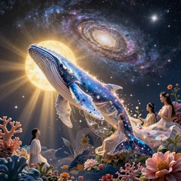 glimmering whale, flowing dress, flowers, cosmos, milky way galaxy, golden hour, god rays, coral reef, dreamscape by artgerm and ruan jia and ismail inceoglu and greg olsen, masterpiece, beautiful, intricate, elegant, highly detailed