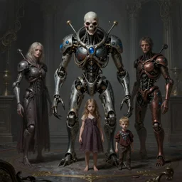 professional concept art of a creepy family horrendous mechanical predatory! species in a dark room by artgerm and greg rutkowski. an intricate, elegant, highly detailed digital painting, concept art, smooth, sharp focus, illustration, background environment