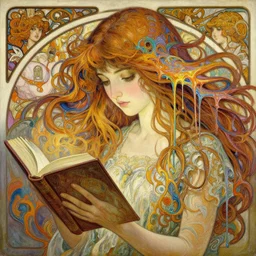 an hiper intricate oil painting of a girl reading a book!!!!!, hiper detailed hair flowing down, melting colorful wax drips, excellent composition, by yoshitaka amano, by greg rutkowski, by alphonse mucha, by rhads, by ross tran, by art