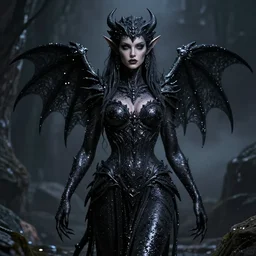 gorgeous woman covered in black glitter lilith the mother of all monsters, hyperrealistic digital art masterpiece, highly detailed anka zhuravleva ren hang, dramatic lighting, long shot, wide angle, uhd 8 k, sharp focus
