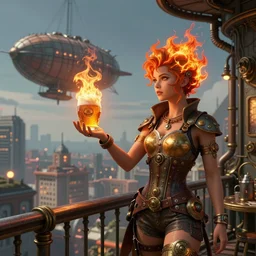beautiful industrial steampunk digital art of madison beer, with hair of fire, standing on the balcony of a steampunk airship overlooking a city, holding a ball of fire in the palm of her hand, symmetrical face, beautiful eyes, trending on art station, 8 k resolution, award - winning photo, highly detailed scene, vibrant art