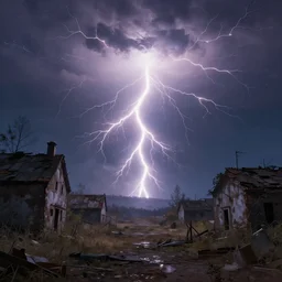 glowy thunder in a abandoned village, intricate, elegant, glowing lights, highly detailed, digital painting, artstation, concept art, smooth, sharp focus, illustration, loneliness, great space, greg rutkowski, 4 k, very high resolution, astrophotography, processing, extremely hyperdetailed