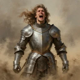 handsome male knight in armor, emotional screaming!! murky sandy dusty atmosphere, wind blowing, portrait, fairytale, physical mental perfection, symmetrical! intricate, romanticism, highly detailed, biblical divine holy perfection!! digital painting, artstation, concept art, smooth, sharp focus, by artgerm and greg rutkowski and alphonse mucha