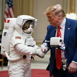 astronaut cat shaking hands with donald trump