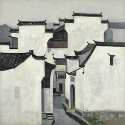 a painting of abstract buildings like hongcun ancient village houses by yves tanguy