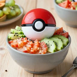 open pokemon pokeball with hawaiian poke bowl inside of it, food photography, instagram