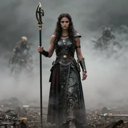 elisha cuthbert as the goddess of war. movie still. sinister atmospheric lighting. highly detailed, ground mist, movie by stanley kubrik