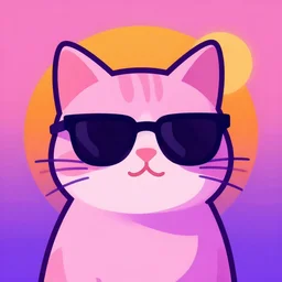 pink and purple vaporwave vector art of a cat wearing sunglasses, orange sun in the background