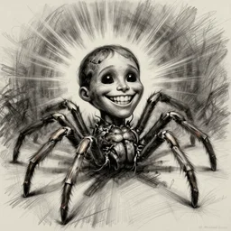 surrealism grunge cartoon sketch of a spider with a human head with a wide smile by - michael karcz, loony toons style, horror theme, detailed, elegant, intricate